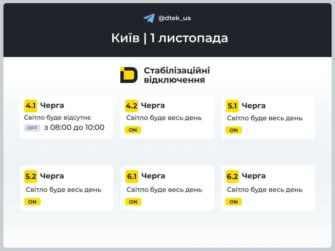 У Києві та області 1 листопада запровадять погодинні відключення світла